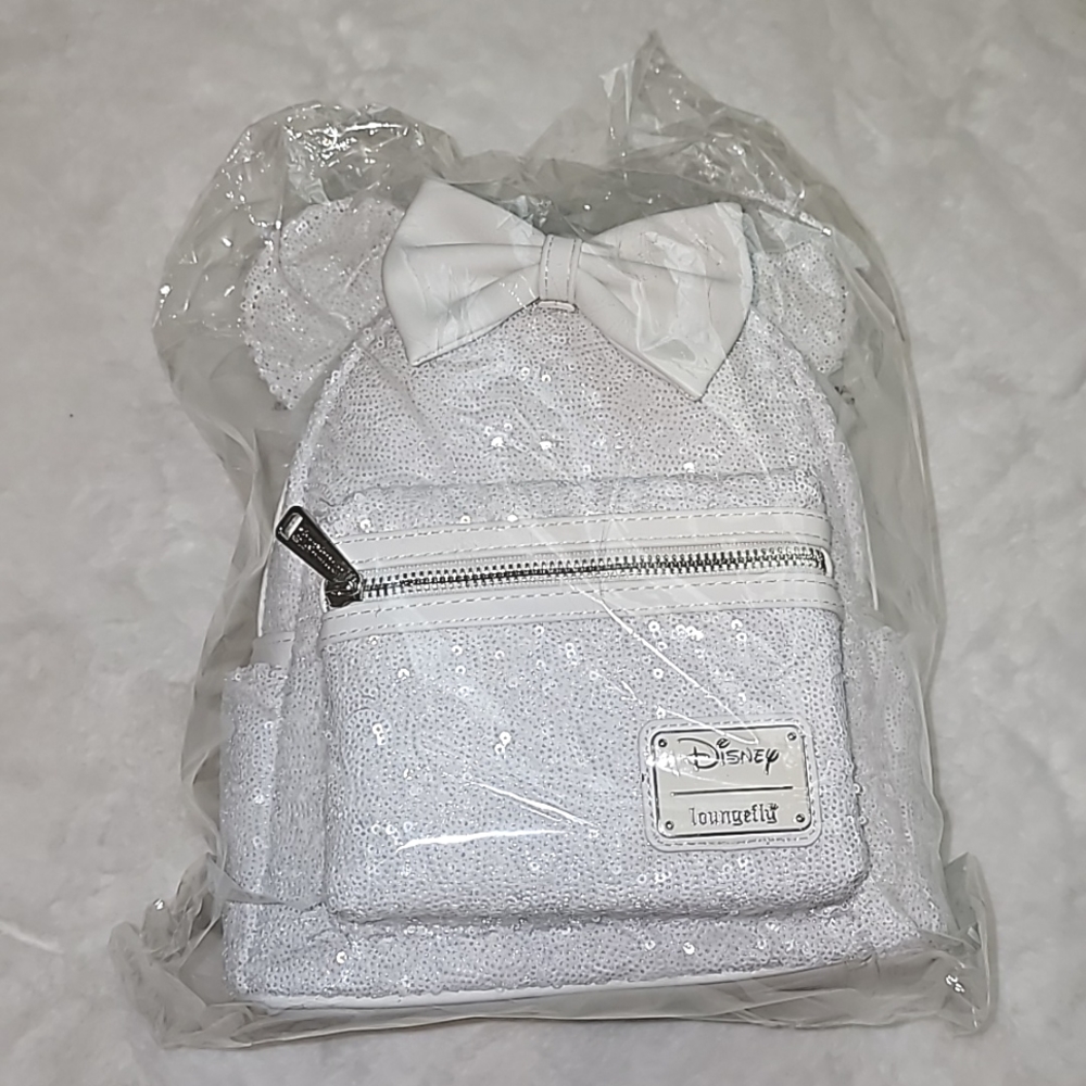 Disney Loungefly White Sequin Bridal backpack with White Leather bow